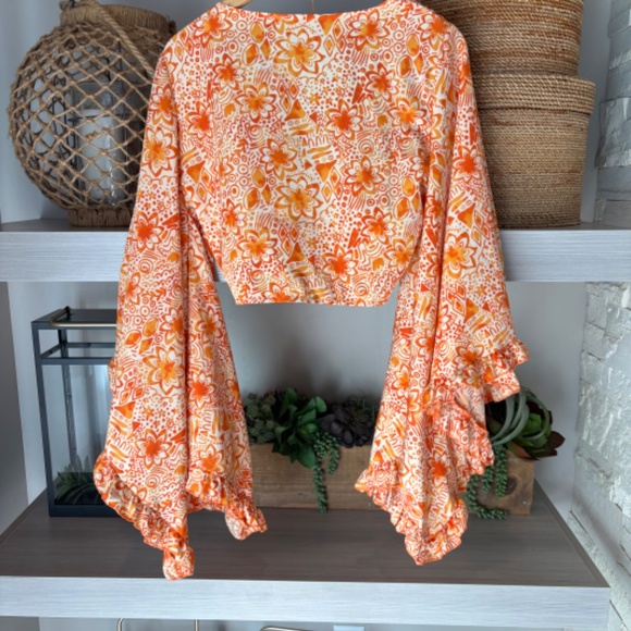 Boho Tie Front Blouse - Ruffle Edged Sleeves - Orange Floral Print - Picture 2 of 5